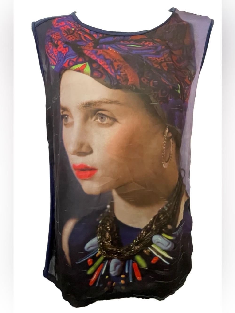 ZARA Beautiful WOMAN in a HEADWRAP Wearable Art Graphic Print MESH TOP Small